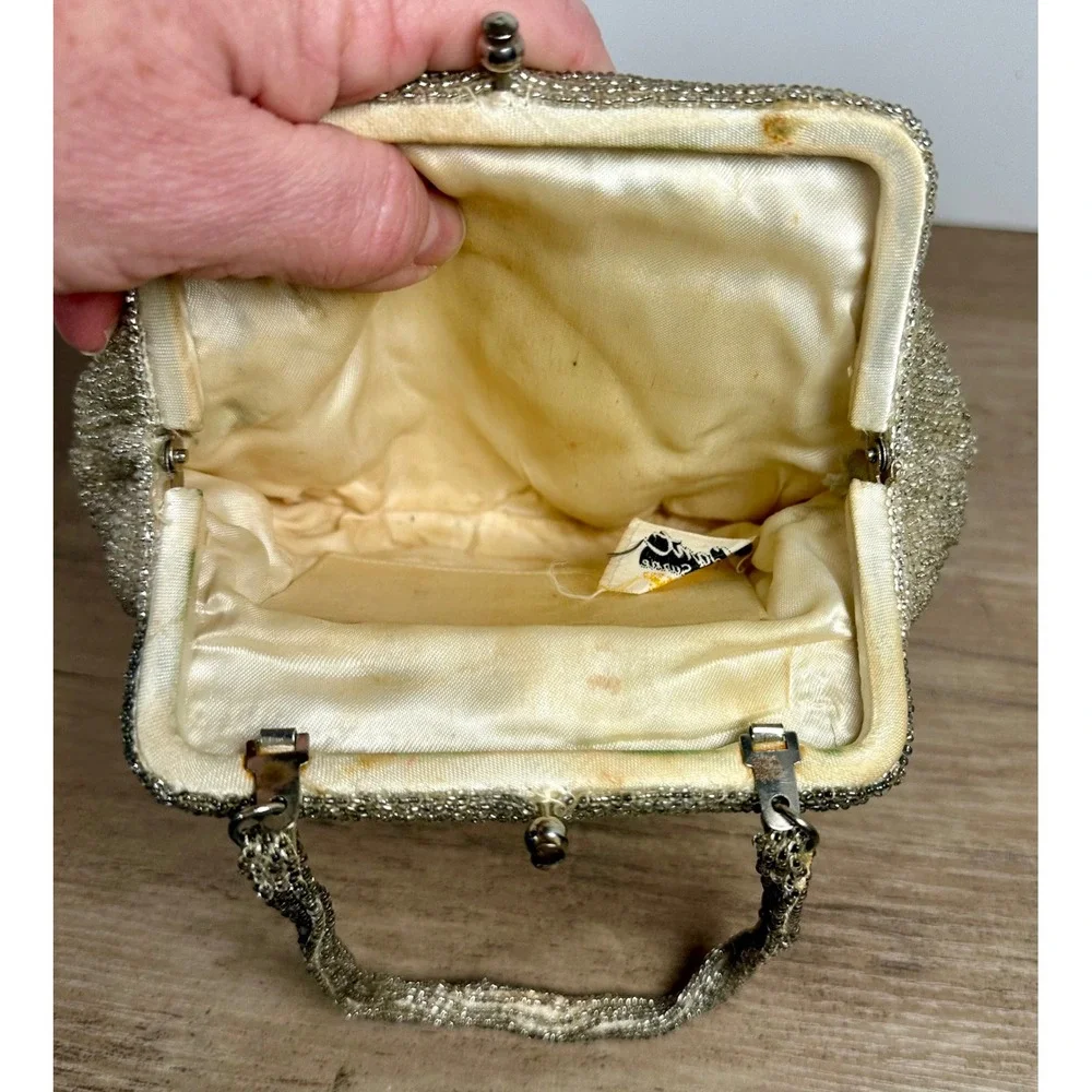 Vivant Sarne‎ Vintage Beaded Evening Wedding Bag Cream Grey Floral Made in Japan